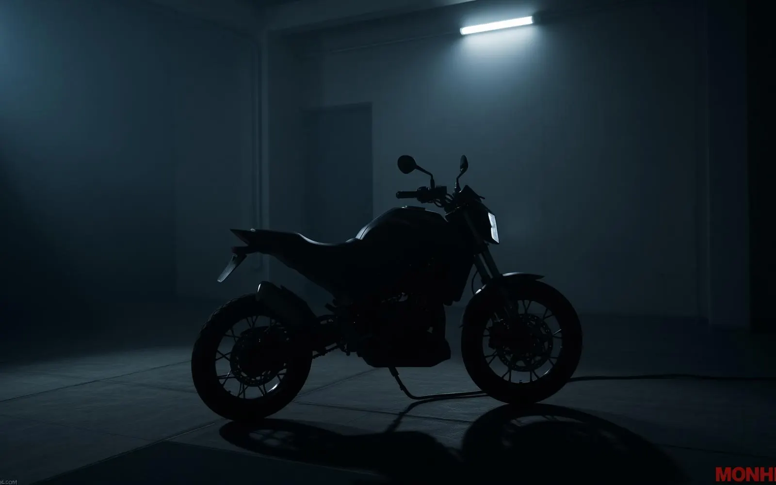 Electric motorcycle being inspected in a workshop