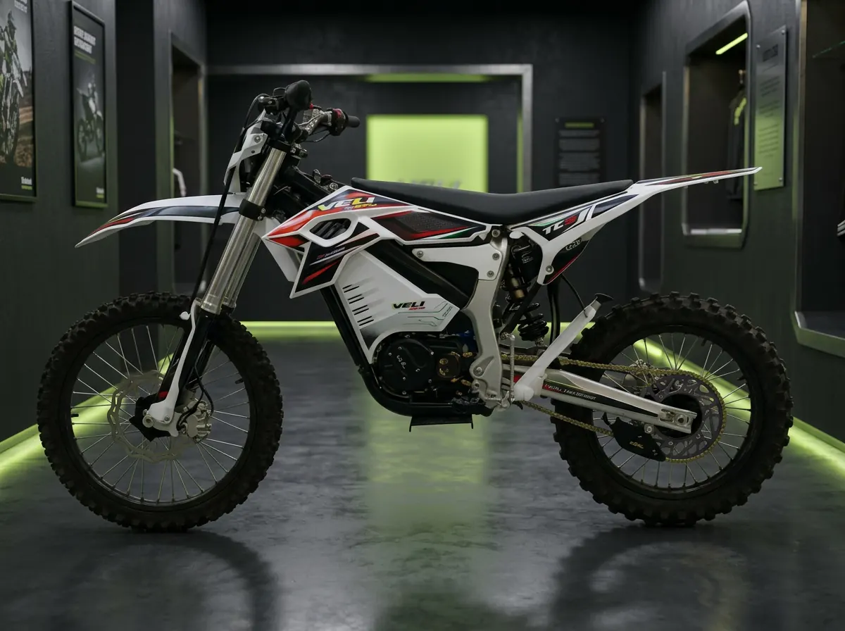Velimotor VMX3000 12kW electric off-road motorcycle photographed against a dark graphite studio backdrop
