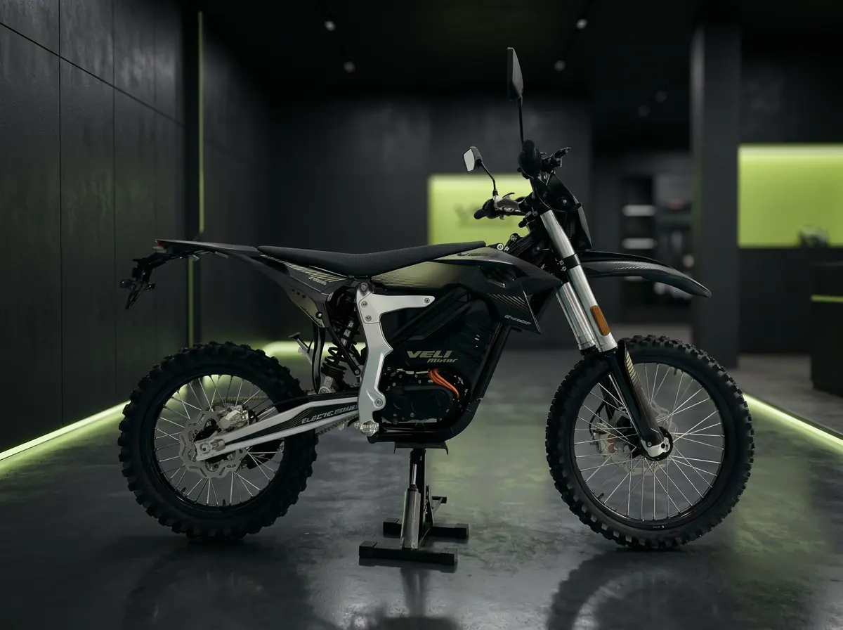 Velimotor VMX3000X 25kW electric off-road motorcycle photographed against a dark graphite studio backdrop